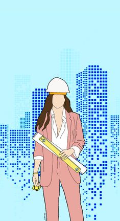 a woman in a pink suit and white hat is holding a large yellow object with buildings behind her