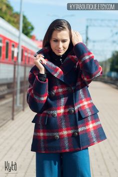 "Elegant short coat for women for autumn and spring seasons. Stylish plaid coat made from soft and warm wool fabric. Feminine, button up wool coat with wide silhouette, classical open collar and two side pockets. It is perfect outside wear solution when warmth and elegance has to be combined! Your will love the quality and design. Sewn with meticulous attention to every detail! DETAILS: * Wool coat for maximum comfort and elegance * Oversize design * Two large side pockets * Custom size upon you Plaid Wool Coat With Long Sleeves For Fall, Plaid Long Sleeve Wool Coat For Fall, Plaid Long Wool Coat For Fall, Long Sleeve Plaid Wool Coat For Fall, Winter Oversized Pea Coat With Buttons, Oversized Winter Pea Coat With Buttons, Oversized Winter Pea Coat, Plaid Wool Coat With Long Sleeves, Plaid Wool Coat For Winter