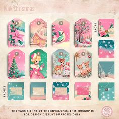 pink christmas gift tags with snowflakes, deers and trees in the background