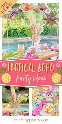 tropical boho party with pineapples, flowers and other decorations on the table