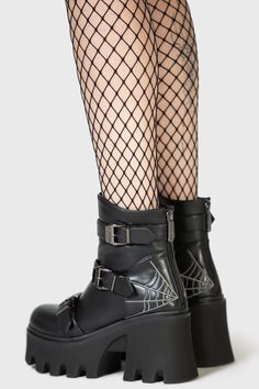 CRYPT CREEPS.- Statement chunky platform boot.- Buckle details.- Spider web embroidery.- Rear zip.With KILLSTAR branding, 100% Polyurethane.Wipe clean with a damp cloth only. Imported. Kill Star Boots, Cobweb Shoe, Trendy Boots For Women Goth, Goth Boot Storage, Goth Flats, Pentagram Boots, Spider Shoes, Spider Web Embroidery, Shoe Reference