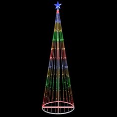 a lighted christmas tree with multicolored lights on it's sides and a star hanging from the top