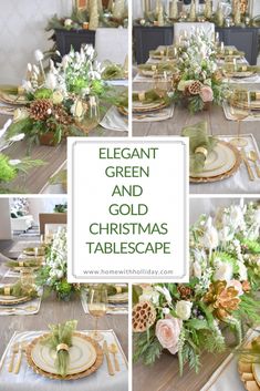 elegant green and gold christmas tablescape with flowers, greenery and pineconis