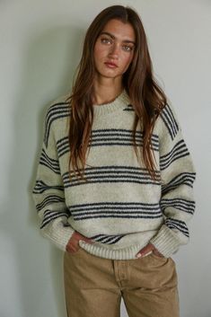 59% Recycled Polyester 26%Nylon 9%Wool 5%Polyester 1%Spandex Oversized Striped Sweater, Bold Dresses, Cream Base, Sweater Brands, Cooler Weather, Sweaters Knitwear, Wool Blend Sweater, Work Attire, Striped Sweater