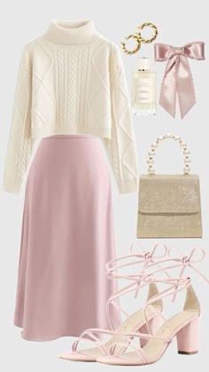 Stylish Outfits Pink, Coquette Outfits For Winter, Coquette Business Outfit, Coquette Outfit Casual, Coquette Winter Outfits Pants, Coquette Modest Outfit, Pink Feminine Outfits, Pink Modest Outfits, Winter Feminine Outfits