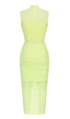 Experience Mesmerizing Style with the Mesh Ruched Midi Dress in ChartreuseGet ready to make a bold fashion statement with our mesmerizing Mesh Ruched Midi Dress in striking chartreuse. This dress is designed to enhance your curves and create a captivating silhouette that will turn heads wherever you go. Here's what sets our dress apart from the competition: Alluring Mesh Fabric: The dress features a stunning mesh fabric that adds a touch of allure and sophistication to your look. Expertly Ruched Yellow Ruched Fitted Bodycon Dress, Fitted Ruched Yellow Bodycon Dress, Yellow Midi Bodycon Dress For Party, Yellow Ruched Bodycon Dress For Party, Yellow Bodycon Sheath Dress, Yellow Ruched Bodycon Dress, Yellow Stretch Mini Dress For Cocktail, Yellow Knee-length Midi Dress For Night Out, Fitted Sleeveless Lime Green Mini Dress