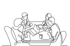 two people sitting at a table talking to each other continuous line drawing on white background