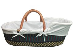 a baby bassinet with a white cover on it's head and handles