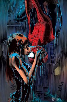 spider - man and woman in the rain, one is holding an object with her hand