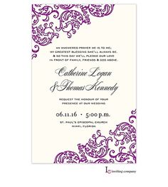 an ornate purple and white wedding card