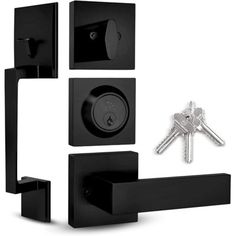 the door handle and keys are attached to the black square wall mounted key holder set