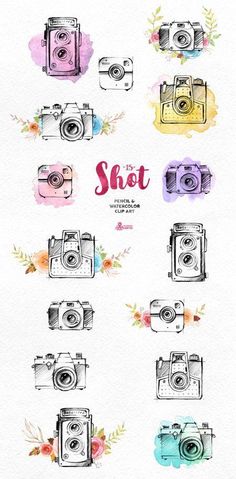 watercolor illustrations of different types of cameras on a white background with the words shot above them