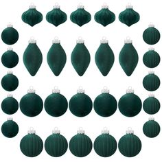 twelve green christmas ornaments arranged in rows