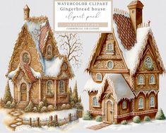 watercolor clipart gingerbread house with snow and trees