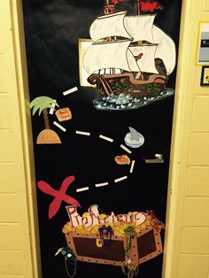 a door decorated with an image of a pirate ship