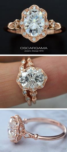 three different views of an engagement ring with diamonds on the side and in the middle