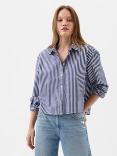 Cropped Shirt | Gap Factory Trendy Cotton Shirt With Roll-up Sleeves, Cotton Button-up Shirt With Cuffed Sleeves, Cotton Blouse With Roll-up Sleeves For Fall, Trendy Button-up Shirt With Rolled Sleeves, Chic Cotton Shirt With Roll-up Sleeves, Daywear Collared Shirt With Button Cuffs, Daywear Shirt With Button Cuffs And Fold Down Collar, Spread Collar Shirt With Button Cuffs For Daywear, Cotton Shirt With Cuffed Sleeves And Spread Collar