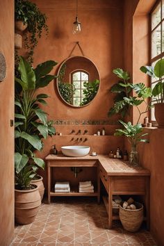 a bath room with a sink a mirror and plants