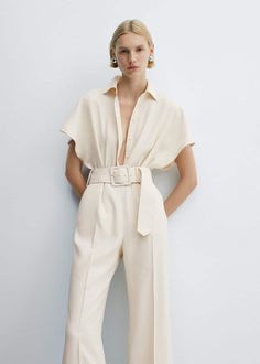 Belt long jumpsuit -  Women | Mango USA Jumpsuit Mango, Long Jumpsuit, All White Outfit, Mango Fashion, Jumpsuit Summer, Belted Shirt Dress, Long Jumpsuits, Fashion Photoshoot, Dressed Down