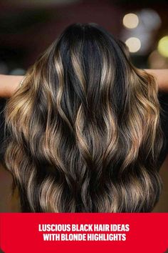 Glossy Dark Black Hair with Bronde Caramel Highlights Blonde Highlights On Black Hair, Highlights On Black Hair, Black Hair With Highlights