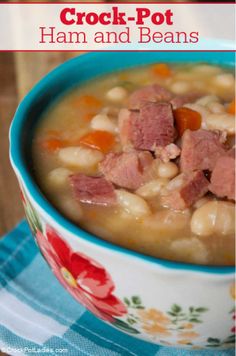 Crock-Pot Ham and Beans - Serve this old-fashioned and frugal recipe for Crock-Pot Ham and Beans with homemade cornbread for a winter meal that really hits the spot on a cold day! [High Fiber, Low Fat, Low Sugar & Weight Watchers friendly!] #CrockPotLadies #CrockPot #SlowCooker #Soup #Beans #Ham #WeightWatchers Bean And Ham Soup Recipes Crock Pot, Ham And Bean Soup Recipes Old Fashioned, Ham Hocks And Beans, Cook Ham, Soup Homemade