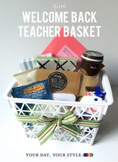 a welcome back teacher basket with coffee and snacks