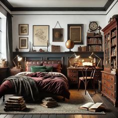 a bed room with a neatly made bed and lots of books