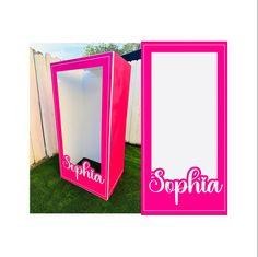 a pink and white photo booth with the nameophia in cursive writing