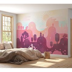 a bedroom with a large mural on the wall