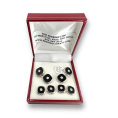 Add a touch of luxury and sophistication to your formal attire with this stunning Art Deco-inspired set. Crafted from high-quality 14k gold and platinum with onyx, this set includes four tuxedo shirt studs and a pair of matching double-sided cufflinks, each featuring a stunning diamond inlay. Presented in its original box, this set makes the perfect gift for weddings or other special occasions. The double-sided cufflinks ensure a perfect fit and finish on either side of your cuffs, while the fou Wedding Gift Art, Vintage Tuxedo, Tuxedo Shirt, Tuxedo Shirts, Stud Set, Antique Design, Formal Attire, Art Deco Inspired, Tie Accessories