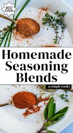 homemade seasoning blends on a white plate with spoons and sprigs