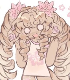 a drawing of a girl with long blonde hair and pink flowers in her hair, holding her hands behind her head