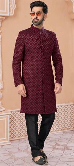 Red and Maroon color Sherwani in Jacquard fabric with Stone, Thread work Red Sherwani With Traditional Drape For Reception, Red Sherwani For Reception With Traditional Drape, Red Traditional Drape Sherwani For Reception, Red Sherwani With Resham Embroidery For Reception, Red Zari Weaving Kurta For Wedding, Red Wedding Kurta With Zari Weaving, Red Sherwani For Eid Reception, Reception Red Sherwani With Resham Embroidery, Elegant Red Sherwani With Pallu