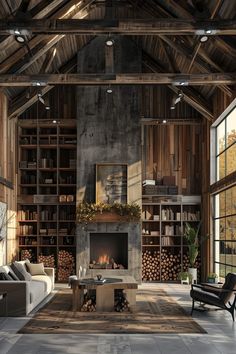 a living room filled with lots of furniture and a fire place in the middle of it