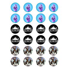 the fortnite stickers are shown in purple and blue, as well as an image