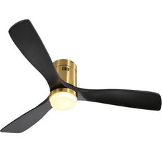 a black and gold ceiling fan with light on it's blades, against a white background