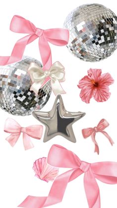 some shiny disco balls and bows on a white background