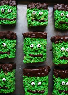 green rice krispy kreme treats with chocolate eyes and googly eyes on them