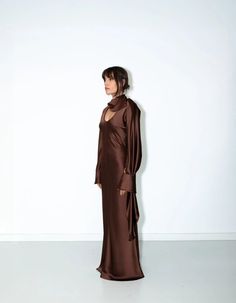 Materials: 70% silk 30% polyester    color: brown    description: long viscose dress featuring a wrap neck piece    details    - dark brown silk fabric  - long dress  - long neck piece Brown Silk Fabric, Long Silk Dress, Silk Dress Long, Viscose Dress, Mens Luxury Fashion, Long Neck, Brown Silk, Neck Piece, Kids Outerwear