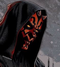 a darth vader character with yellow eyes and a hood on, in front of a snowy background