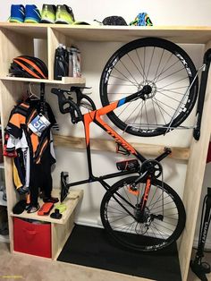 there is a bike that is on the shelf