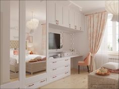 a bedroom with white furniture and pink curtains