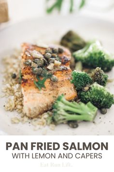 pan fried salmon with lemon and capers on a bed of rice, broccoli