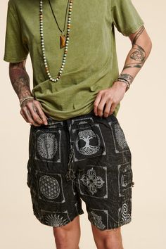 Black Spiritual Icons Cargo Shorts Hippie Festival Bottoms With Built-in Shorts, Black Hippie Bottoms With Elastic Waistband, Casual Festival Shorts, Bohemian Black Shorts For Festival, Bohemian Black Festival Shorts, Black Cotton Shorts For Festival, Casual Cotton Cargo Pants For Festival, Hippie Bottoms With Built-in Shorts For Festivals, Casual Festival Shorts With Pockets