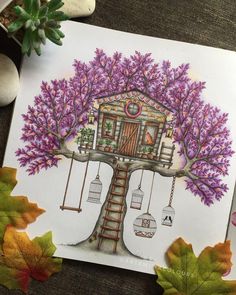 a drawing of a tree house on a card