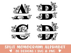 split monogram alphabet with flowers and butterflies on the upper letter, svt file