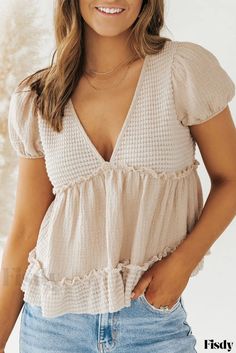 Fisdy - Blusa con cuello en V y textura de gofre Lisa Fischer, Frill Blouse, Floral Print Tops, Patchwork Designs, Collar Blouse, V Neck Blouse, Plus Size Lingerie, Look At You, Plus Size Swimwear