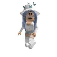 a cartoon character with blue hair wearing a white hat and holding a book in her hands