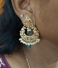 Temple Jewellery - 22K Gold "Lakshmi" Drop Earrings (Chandbali) with Cz, Color Stones, Beads & Pearls - 235-235-GER15924 in 21.450 Grams Color Stones