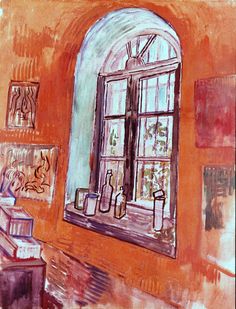 a painting of a window with vases and books on the table next to it